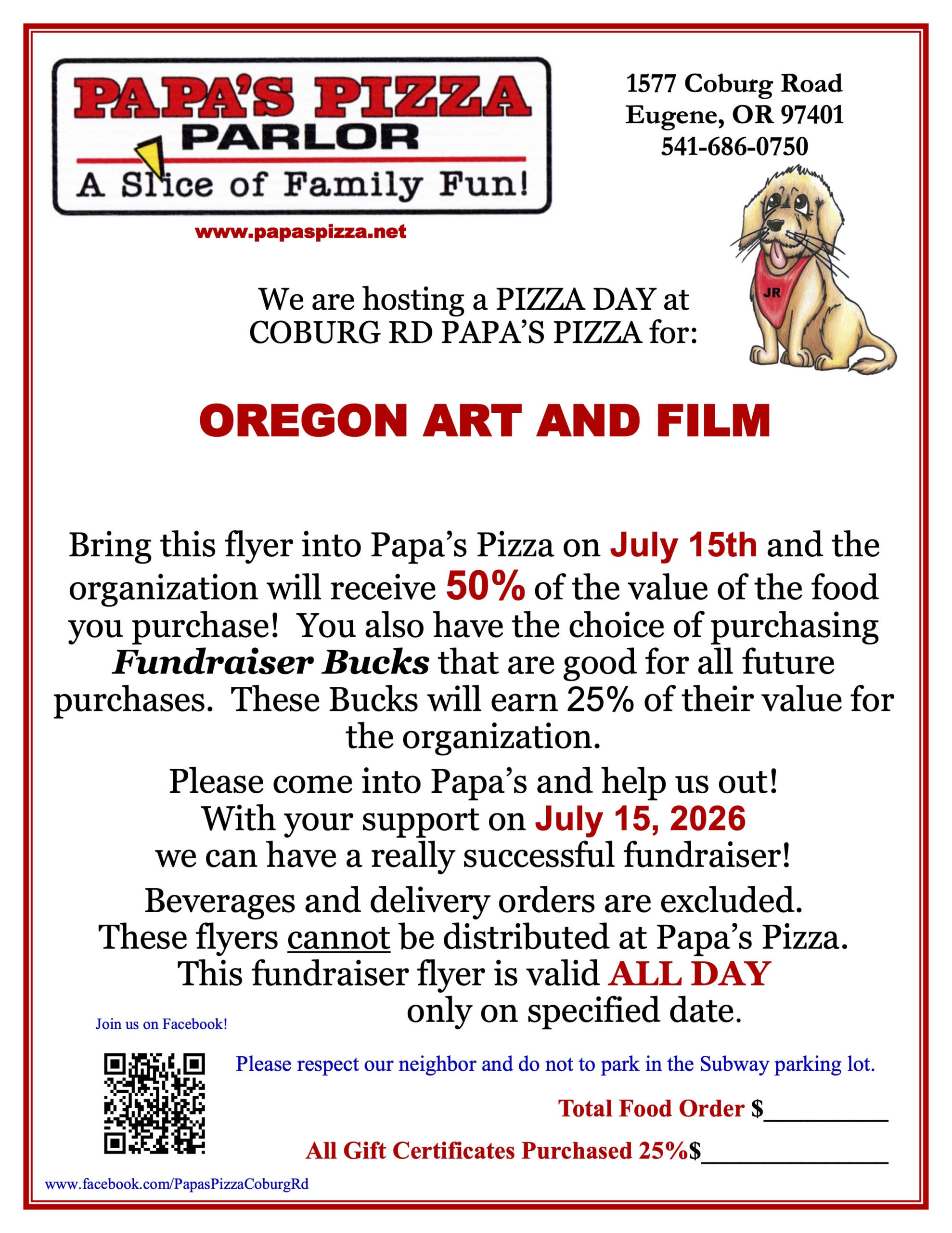 Papas Pizza fundraiser on July 15th!